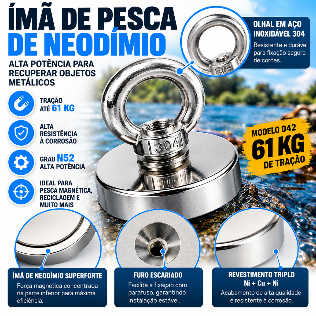 Ímã de Pesca de Neodímio D42 N52 com Olhal – Tração até 61 kg - Imagem 2