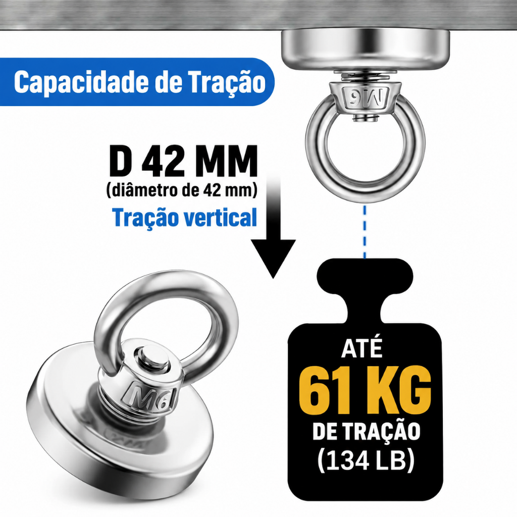 Ímã de Pesca de Neodímio D42 N52 com Olhal – Tração até 61 kg - Imagem 5